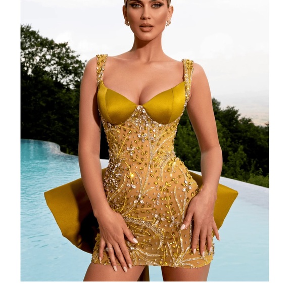 Tabja Stunning Yellow Embellished Mini Dress - Picture 1 of 4